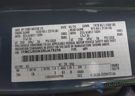 2024 Ford Escape Active z USA, uszkodzony, nr VIN 1FMCU0GN3RUA78258